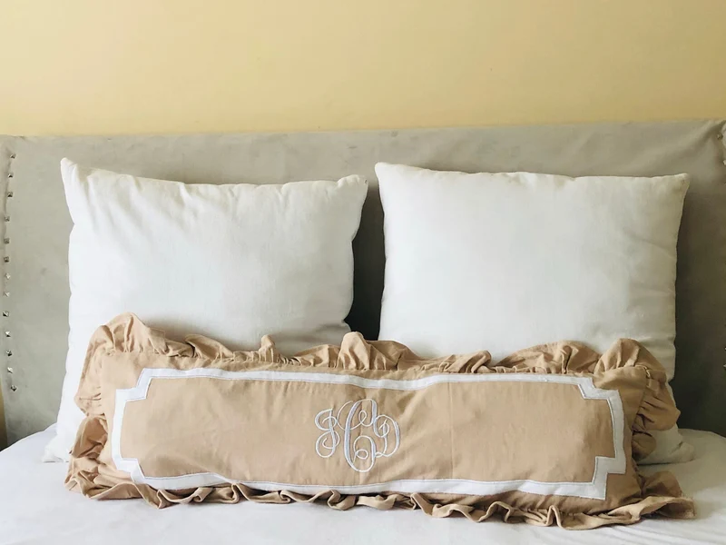 Long Monogrammed Pillows, Monogrammed Ruffle Beige Bed Decor