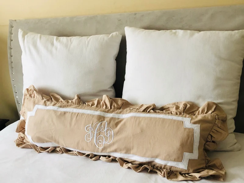 Long Monogrammed Pillows, Monogrammed Ruffle Beige Bed Decor