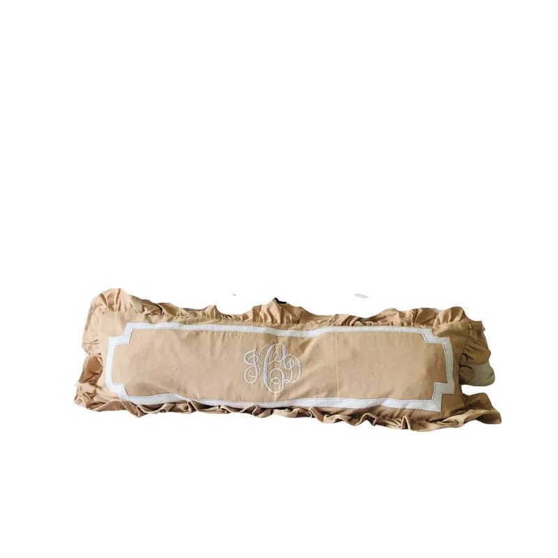 Long Monogrammed Pillows, Monogrammed Ruffle Beige Bed Decor