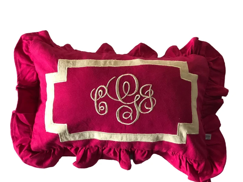 Monogram Ruffle Throw Pillow, Pink Monogram Lumbar Decorative Throw Pillows