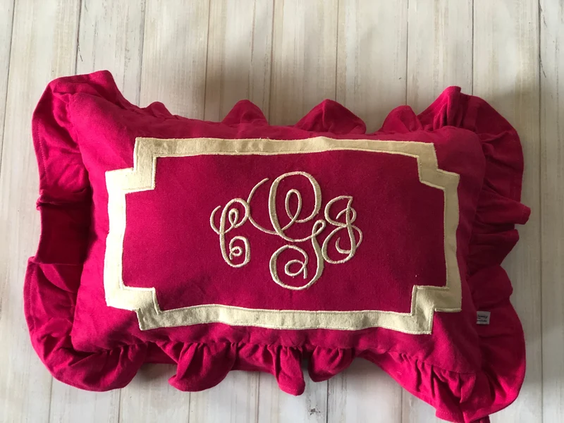 Monogram Ruffle Throw Pillow, Pink Monogram Lumbar Decorative Throw Pillows