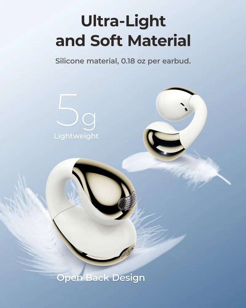 Open-Ear Earbuds, Clip-On Headphones, Lightweight Comfort Wireless Earbuds, 26H Playtime Bluetooth 5.4 Headphones, Clear Calls with 2 Microphones for Sport, Workout(White)