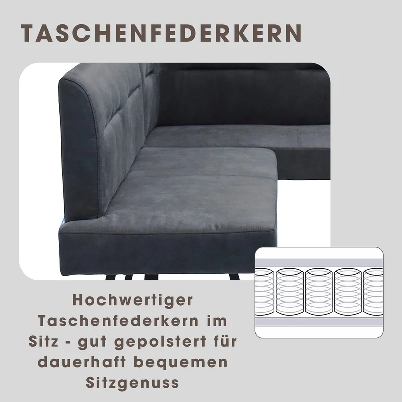Eckbank MONTREAL, langer Schenkel links oder rechts, Bezug in anthrazit, Gestell in schwarz, Ziernaht im Rücken, Taschenfederkern, Esszimmerbank, Küchenbank, Maße: 181 x 128, H 87, T 56 oder 128 x 181, H 87, T 56 cm