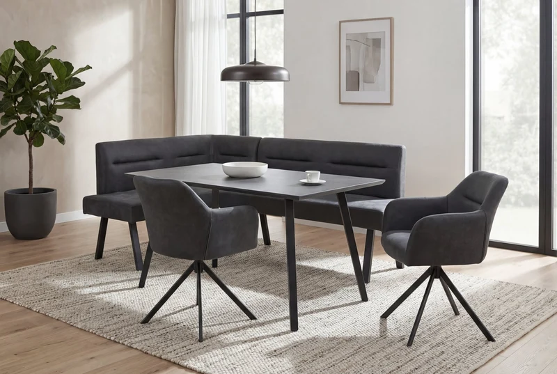 Esszimmerstuhl 2er Set MONTREAL, 360° drehbar mit Ziernaht im Rücken, Bezug in anthrazit, Gestell in schwarz, Küchenstuhl, Maße: B 57, H 81, T 58 cm