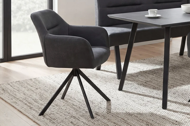 Esszimmerstuhl 2er Set MONTREAL, 360° drehbar mit Ziernaht im Rücken, Bezug in anthrazit, Gestell in schwarz, Küchenstuhl, Maße: B 57, H 81, T 58 cm