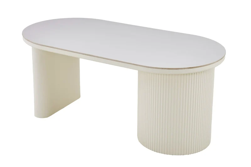 Esstisch oval KAVALA 180x90 oder 200x100 cm, Säulentisch in Riffel-Optik, Tischplatte Sinter Stone Keramikoptik creme oder Travertine, moderner Küchentisch für 4 Personen