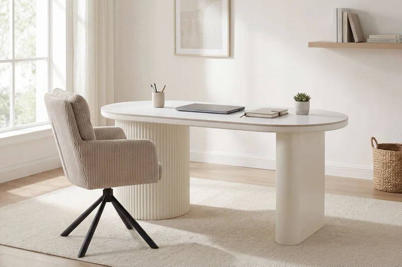 Esstisch oval KAVALA 180x90 oder 200x100 cm, Säulentisch in Riffel-Optik, Tischplatte Sinter Stone Keramikoptik creme oder Travertine, moderner Küchentisch für 4 Personen