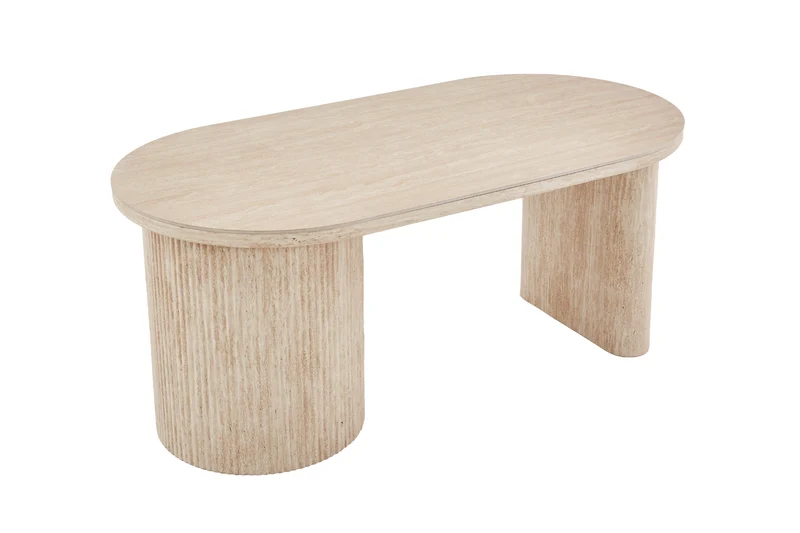 Esstisch oval KAVALA 180x90 oder 200x100 cm, Säulentisch in Riffel-Optik, Tischplatte Sinter Stone Keramikoptik creme oder Travertine, moderner Küchentisch für 4 Personen
