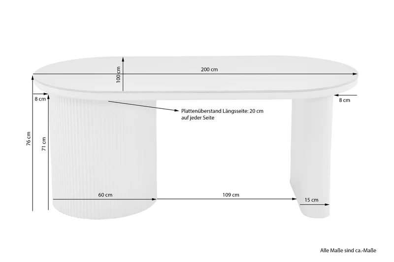 Esstisch oval KAVALA 180x90 oder 200x100 cm, Säulentisch in Riffel-Optik, Tischplatte Sinter Stone Keramikoptik creme oder Travertine, moderner Küchentisch für 4 Personen