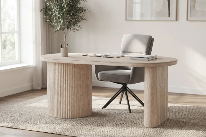 Esstisch oval KAVALA 180x90 oder 200x100 cm, Säulentisch in Riffel-Optik, Tischplatte Sinter Stone Keramikoptik creme oder Travertine, moderner Küchentisch für 4 Personen