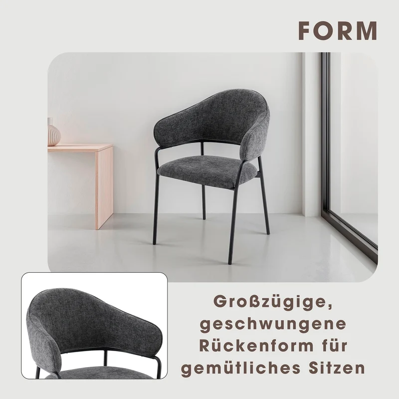 Stuhl 2-er Set CURVE / Webstoffbezug in dunkelgrau, dunkelgrün oder taupe, Gestell in schwarz / Esszimmerstuhl / Küchenstuhl / Maße: B 60 x H 86 x T 58 cm