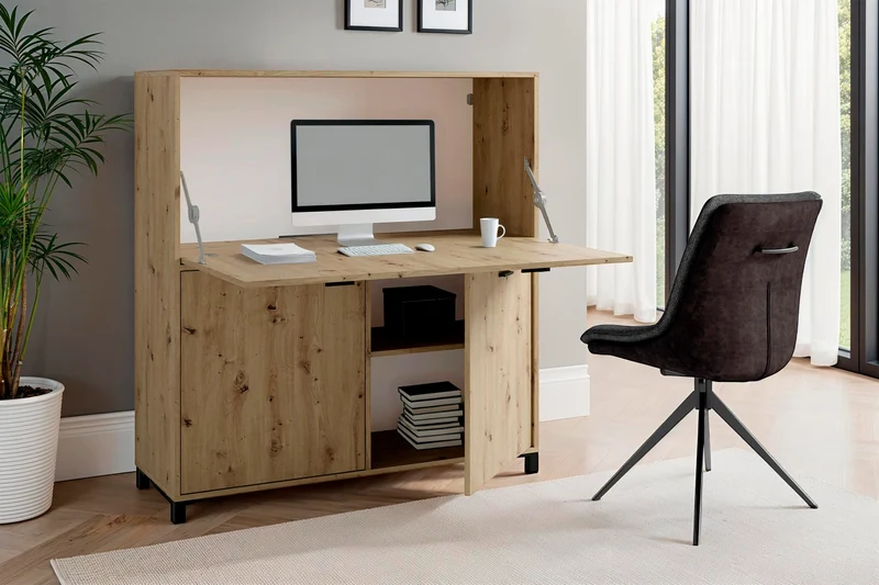 Sekretär MONTANA / Sekretär matt weiß oder Artisan Eiche (Eiche-Optik) / Office-Schrank mit 1 Klappe und 2 Türen / schwarze Griffe / B 120, H 127, T 40 cm