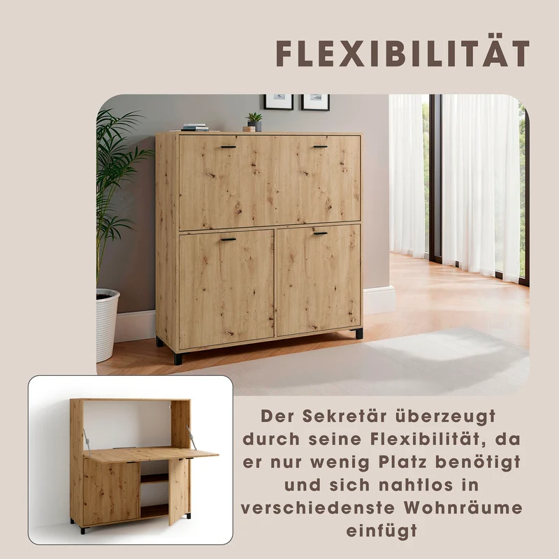 Sekretär MONTANA / Sekretär matt weiß oder Artisan Eiche (Eiche-Optik) / Office-Schrank mit 1 Klappe und 2 Türen / schwarze Griffe / B 120, H 127, T 40 cm