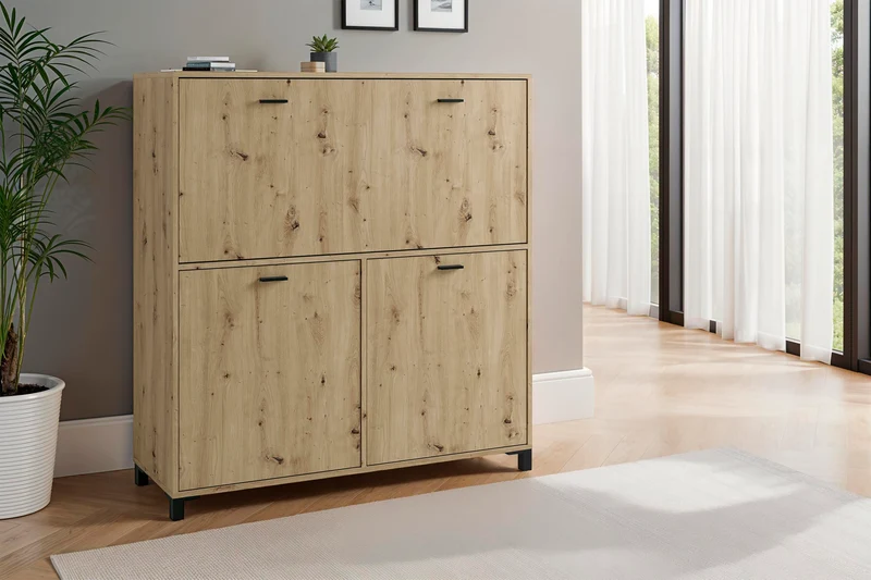 Sekretär MONTANA / Sekretär matt weiß oder Artisan Eiche (Eiche-Optik) / Office-Schrank mit 1 Klappe und 2 Türen / schwarze Griffe / B 120, H 127, T 40 cm