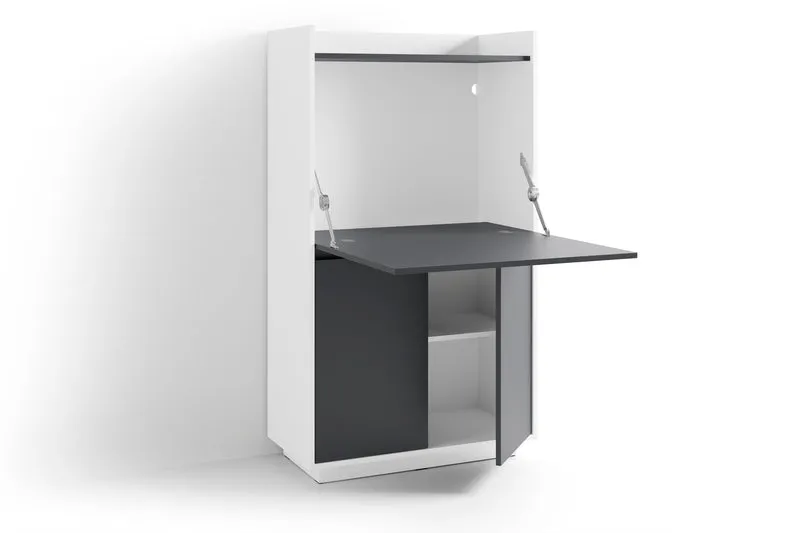 Sekretär HANNES / Sekretär matt weiß - anthrazit / Office-Schrank mit 1 Klappe und 2 Türen / Grifflos / B 80, H 141, T 40 cm