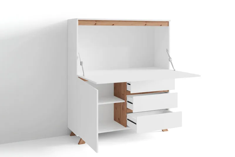Sekretär VALENTIN / Sekretär matt weiß mit Absetzung in Eiche-Optik / Office-Schrank mit 1 Tür und 3 Schubkästen / Scandi-Style / Grifflos / B 120, H 127, T 38 cm