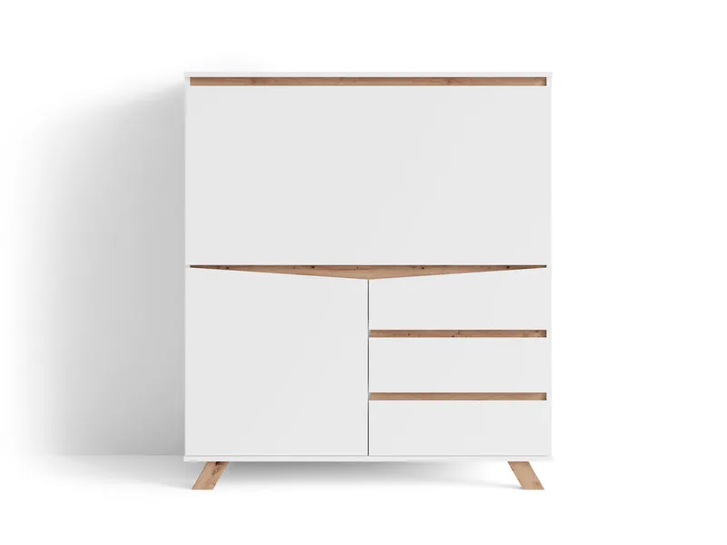 Sekretär VALENTIN / Sekretär matt weiß mit Absetzung in Eiche-Optik / Office-Schrank mit 1 Tür und 3 Schubkästen / Scandi-Style / Grifflos / B 120, H 127, T 38 cm