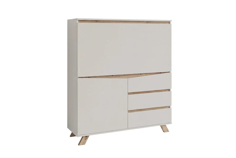 Sekretär VALENTIN / Sekretär matt weiß mit Absetzung in Eiche-Optik / Office-Schrank mit 1 Tür und 3 Schubkästen / Scandi-Style / Grifflos / B 120, H 127, T 38 cm