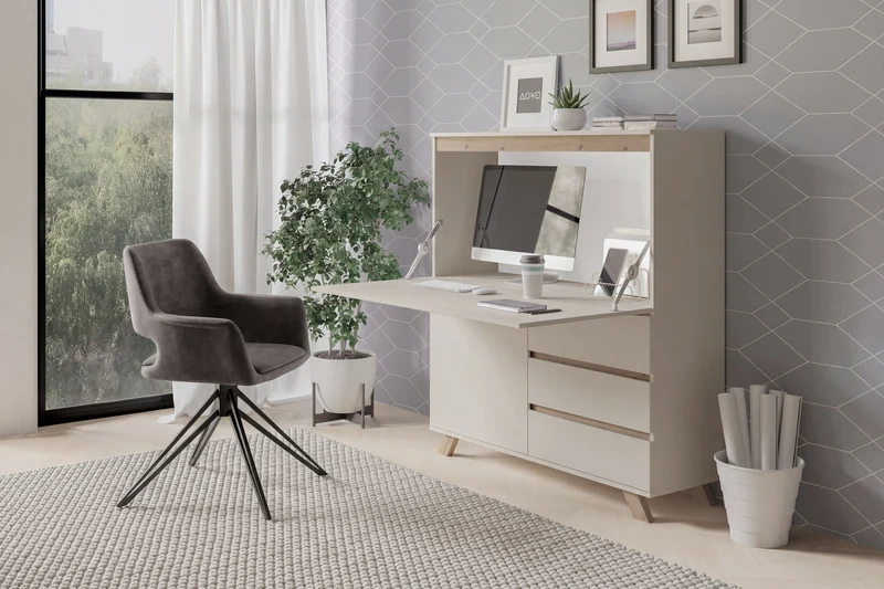 Sekretär VALENTIN / Sekretär matt weiß mit Absetzung in Eiche-Optik / Office-Schrank mit 1 Tür und 3 Schubkästen / Scandi-Style / Grifflos / B 120, H 127, T 38 cm