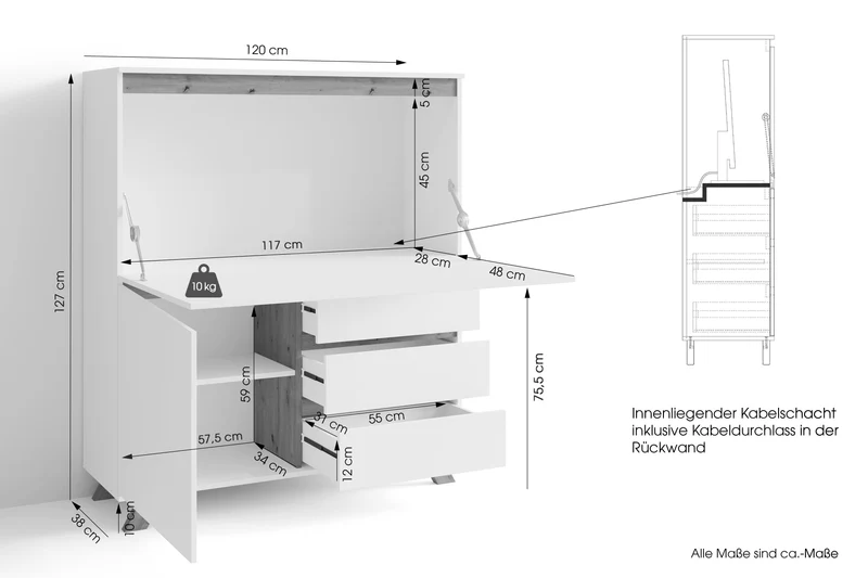 Sekretär VALENTIN / Sekretär matt weiß mit Absetzung in Eiche-Optik / Office-Schrank mit 1 Tür und 3 Schubkästen / Scandi-Style / Grifflos / B 120, H 127, T 38 cm