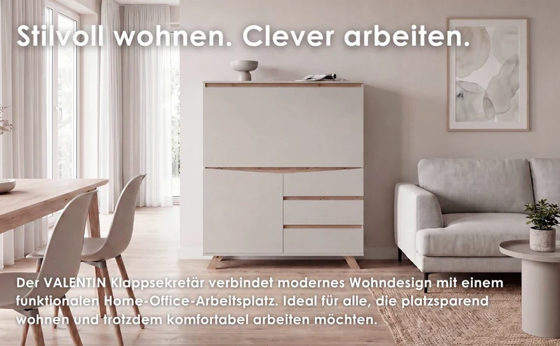 Sekretär VALENTIN / Sekretär matt weiß mit Absetzung in Eiche-Optik / Office-Schrank mit 1 Tür und 3 Schubkästen / Scandi-Style / Grifflos / B 120, H 127, T 38 cm