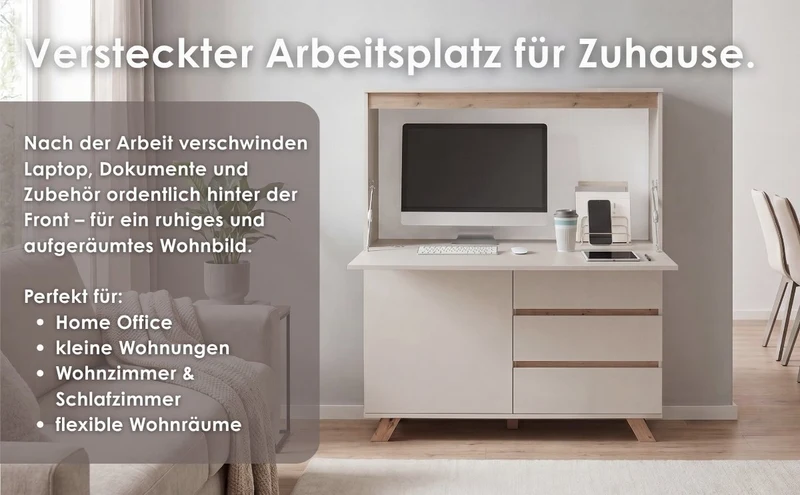 Sekretär VALENTIN / Sekretär matt weiß mit Absetzung in Eiche-Optik / Office-Schrank mit 1 Tür und 3 Schubkästen / Scandi-Style / Grifflos / B 120, H 127, T 38 cm