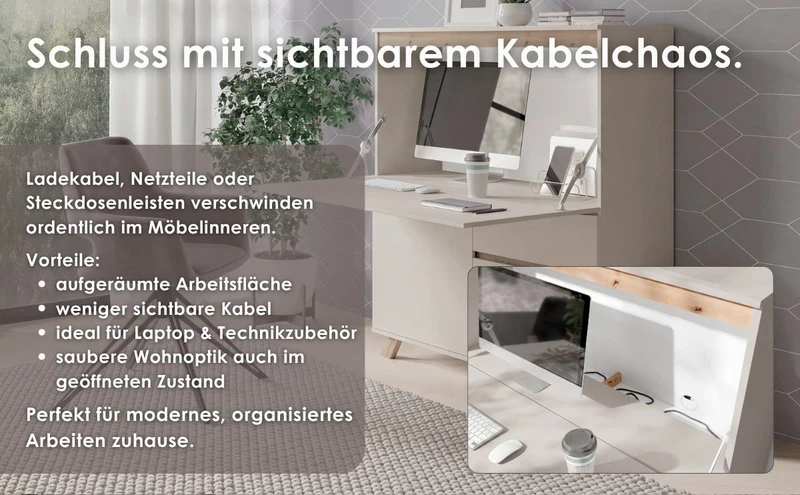 Sekretär VALENTIN / Sekretär matt weiß mit Absetzung in Eiche-Optik / Office-Schrank mit 1 Tür und 3 Schubkästen / Scandi-Style / Grifflos / B 120, H 127, T 38 cm