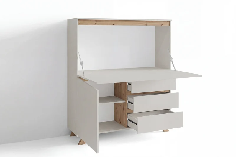 Sekretär VALENTIN / Sekretär matt weiß mit Absetzung in Eiche-Optik / Office-Schrank mit 1 Tür und 3 Schubkästen / Scandi-Style / Grifflos / B 120, H 127, T 38 cm