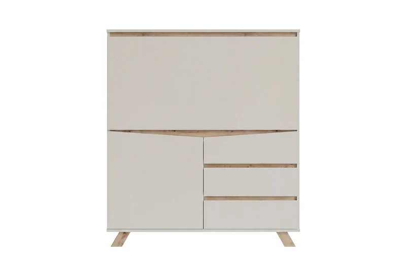 Sekretär VALENTIN / Sekretär matt weiß mit Absetzung in Eiche-Optik / Office-Schrank mit 1 Tür und 3 Schubkästen / Scandi-Style / Grifflos / B 120, H 127, T 38 cm