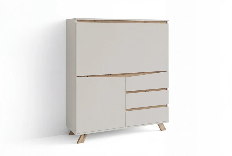 Sekretär VALENTIN / Sekretär matt weiß mit Absetzung in Eiche-Optik / Office-Schrank mit 1 Tür und 3 Schubkästen / Scandi-Style / Grifflos / B 120, H 127, T 38 cm