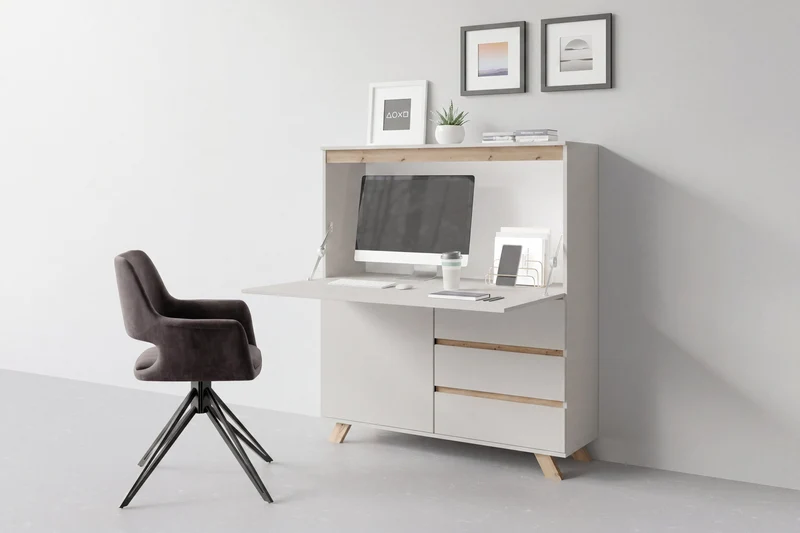 Sekretär VALENTIN / Sekretär matt weiß mit Absetzung in Eiche-Optik / Office-Schrank mit 1 Tür und 3 Schubkästen / Scandi-Style / Grifflos / B 120, H 127, T 38 cm
