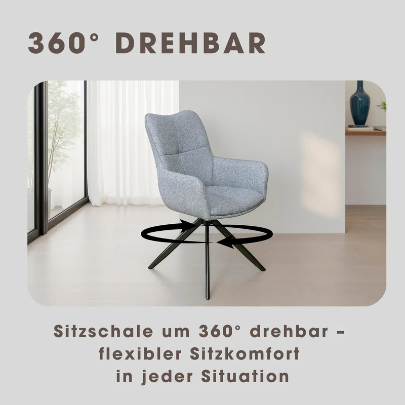 Esszimmerstuhl 2er Set HAMILTON drehbar 360 Grad, Webstoff dunkelgrau, hellgrau oder taupe, Metallgestell schwarz, Küchenstuhl mit Armlehnen, Maße: B 57, H 90, T 63 cm