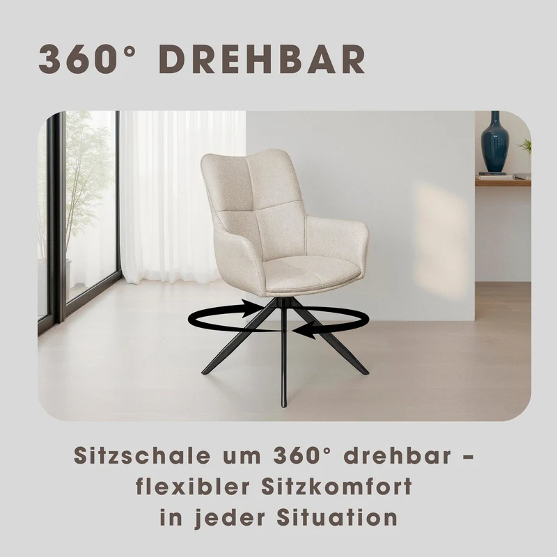 Esszimmerstuhl 2er Set HAMILTON drehbar 360 Grad, Webstoff dunkelgrau, hellgrau oder taupe, Metallgestell schwarz, Küchenstuhl mit Armlehnen, Maße: B 57, H 90, T 63 cm