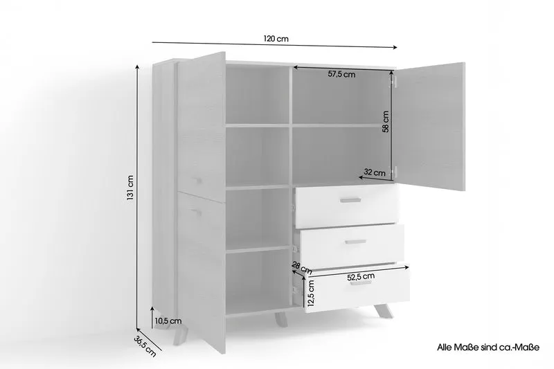 Highboard BASTIAN / Eiche bianco, weiß / Griffe und Füße Massivholz Eiche / 3 Türen, 3 Schubladen / viel Stauraum / Kommode / Schrank / Maße: B 120, H 131, T 36,5 cm