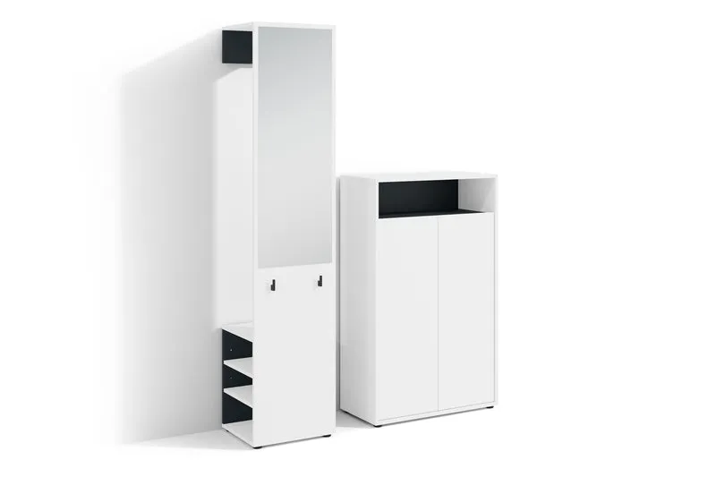 Garderoben-Set LYON / Melamin Weiß oder Artisan Eiche kombiniert mit Schwarz / Hochschrank mit Spiegel / Schuhschrank / B 40, H 185, T 35 cm, B 70, H 115, T 33,5 cm