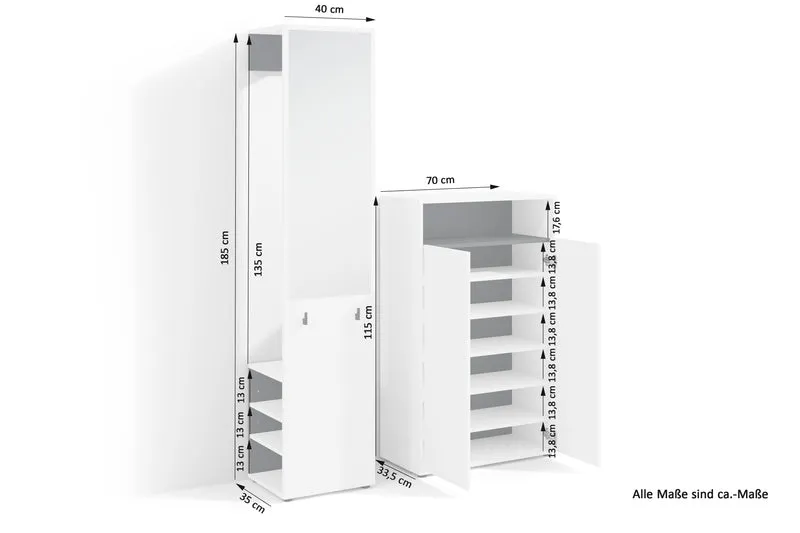 Garderoben-Set LYON / Melamin Weiß oder Artisan Eiche kombiniert mit Schwarz / Hochschrank mit Spiegel / Schuhschrank / B 40, H 185, T 35 cm, B 70, H 115, T 33,5 cm