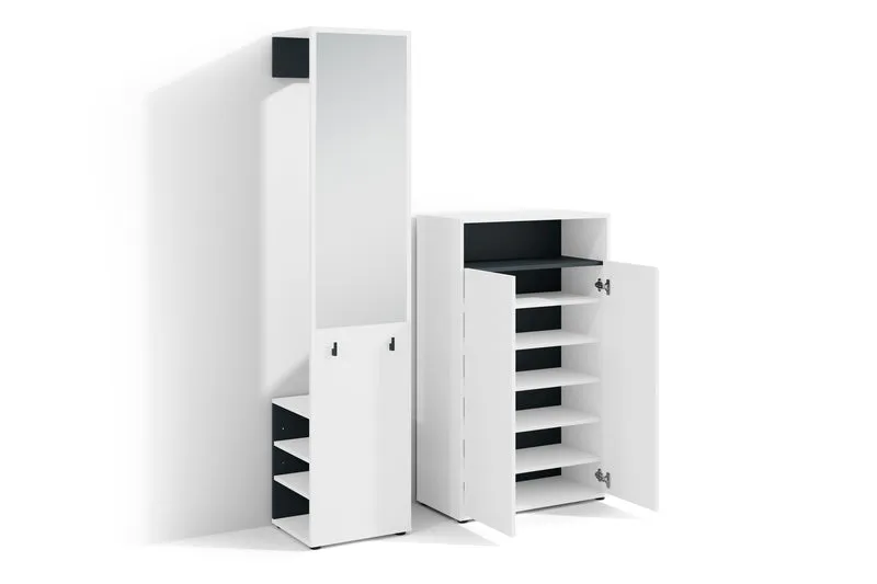 Garderoben-Set LYON / Melamin Weiß oder Artisan Eiche kombiniert mit Schwarz / Hochschrank mit Spiegel / Schuhschrank / B 40, H 185, T 35 cm, B 70, H 115, T 33,5 cm
