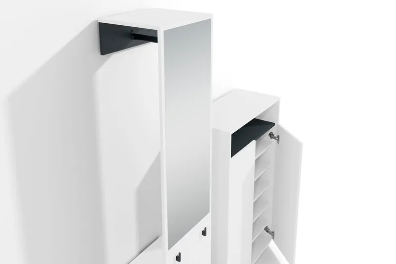 Garderoben-Set LYON / Melamin Weiß oder Artisan Eiche kombiniert mit Schwarz / Hochschrank mit Spiegel / Schuhschrank / B 40, H 185, T 35 cm, B 70, H 115, T 33,5 cm