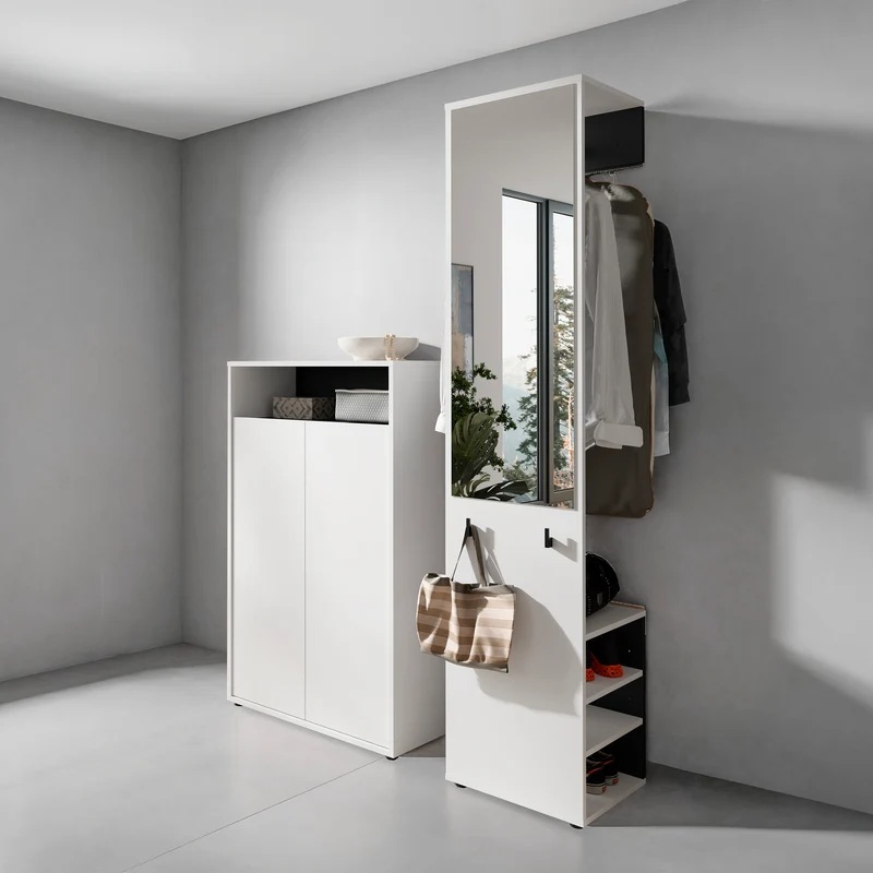 Garderoben-Set LYON / Melamin Weiß oder Artisan Eiche kombiniert mit Schwarz / Hochschrank mit Spiegel / Schuhschrank / B 40, H 185, T 35 cm, B 70, H 115, T 33,5 cm