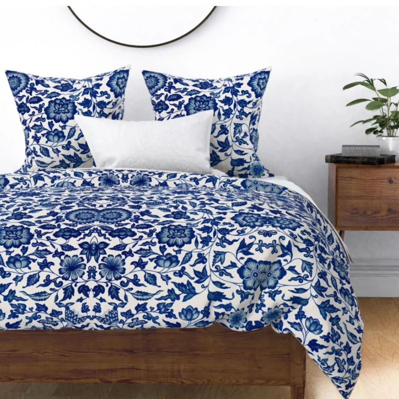 Vintage White Blue Pattern Flowers Cotton Bedding Set Duvet Cover, Pillow Shams