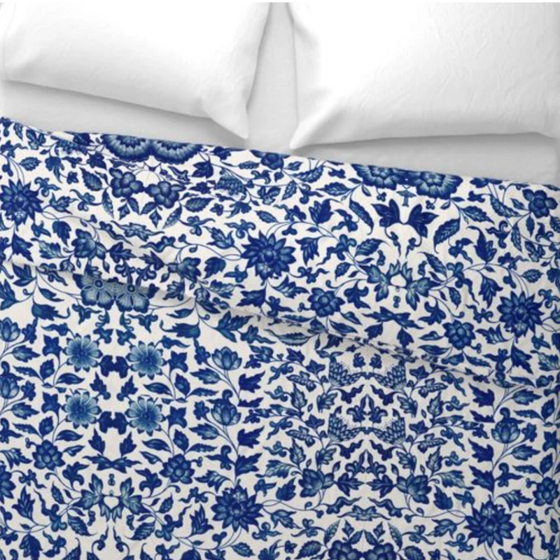 Vintage White Blue Pattern Flowers Cotton Bedding Set Duvet Cover, Pillow Shams