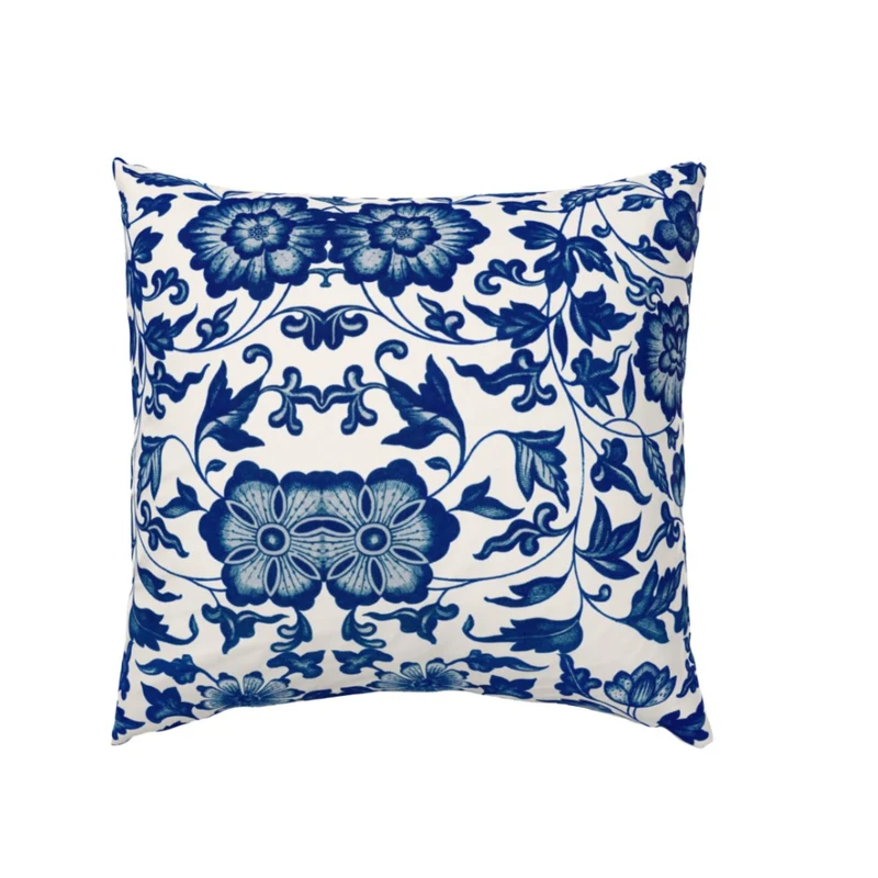 Vintage White Blue Pattern Flowers Cotton Bedding Set Duvet Cover, Pillow Shams
