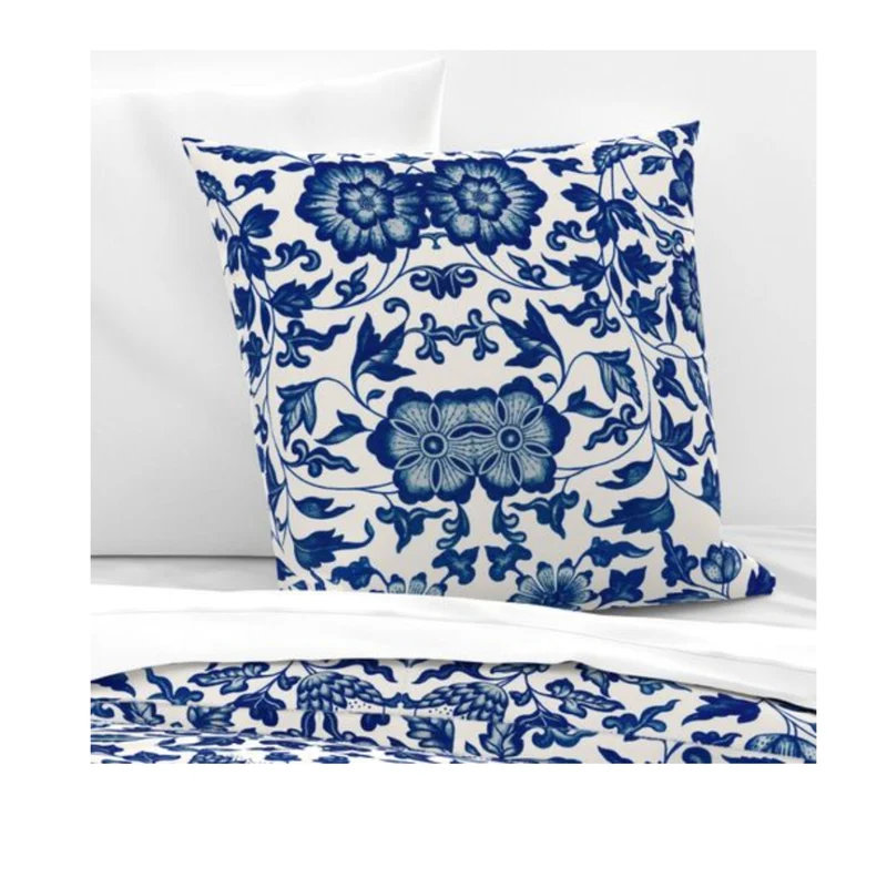 Vintage White Blue Pattern Flowers Cotton Bedding Set Duvet Cover, Pillow Shams
