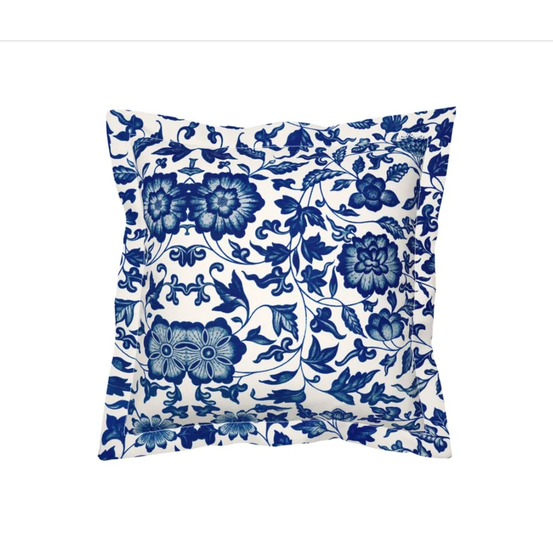 Vintage White Blue Pattern Flowers Cotton Bedding Set Duvet Cover, Pillow Shams