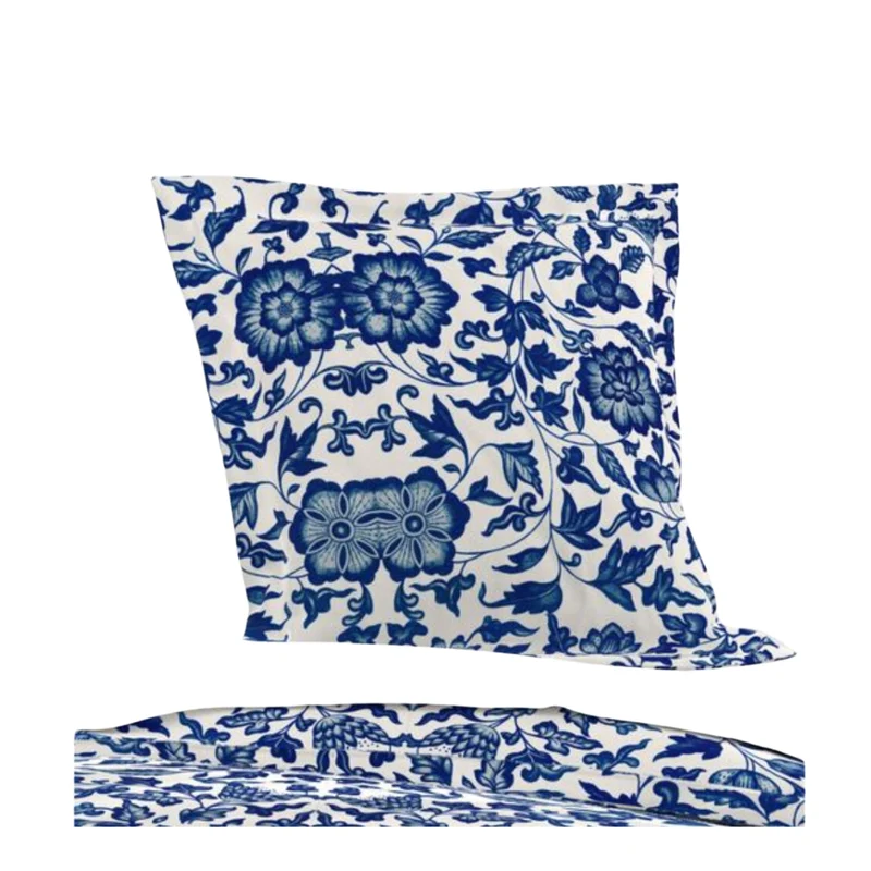 Vintage White Blue Pattern Flowers Cotton Bedding Set Duvet Cover, Pillow Shams