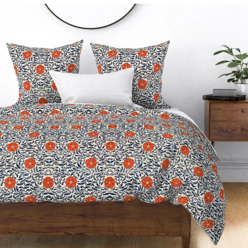 Vintage Orange Blue Flowers Cotton Bedding Set Duvet Cover, Pillow Shams