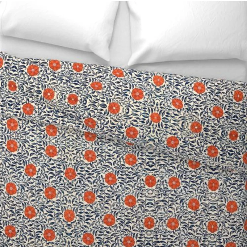 Vintage Orange Blue Flowers Cotton Bedding Set Duvet Cover, Pillow Shams