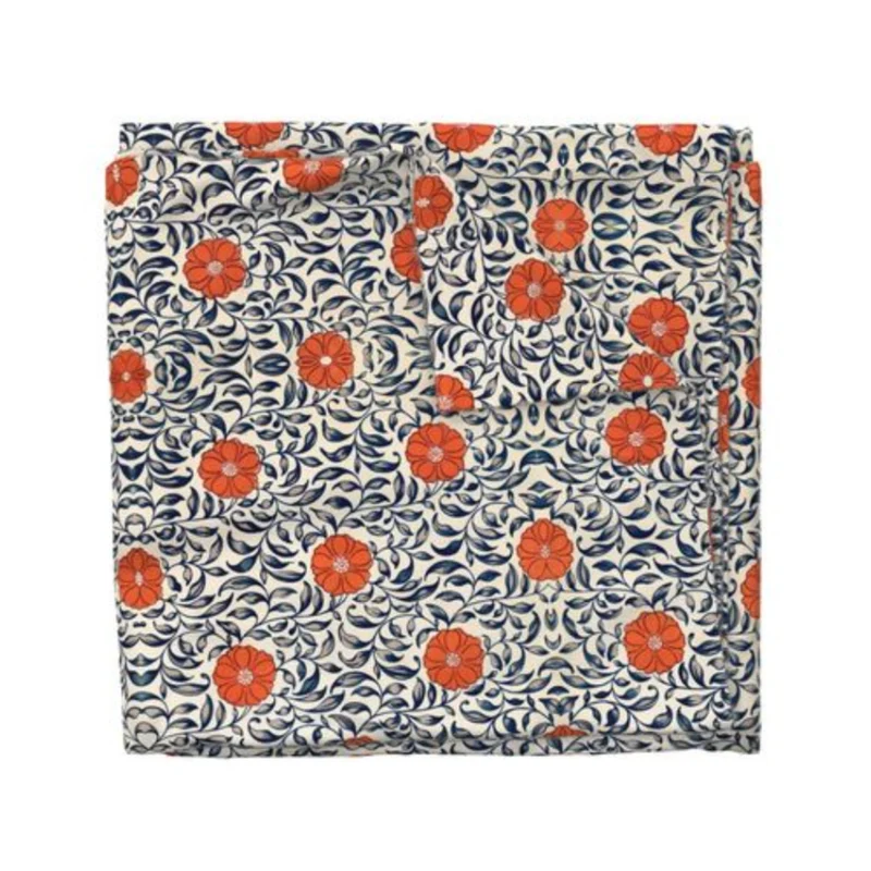 Vintage Orange Blue Flowers Cotton Bedding Set Duvet Cover, Pillow Shams