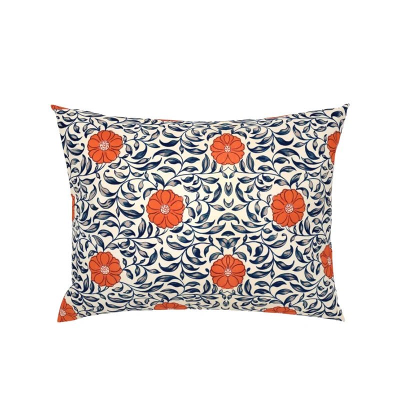 Vintage Orange Blue Flowers Cotton Bedding Set Duvet Cover, Pillow Shams