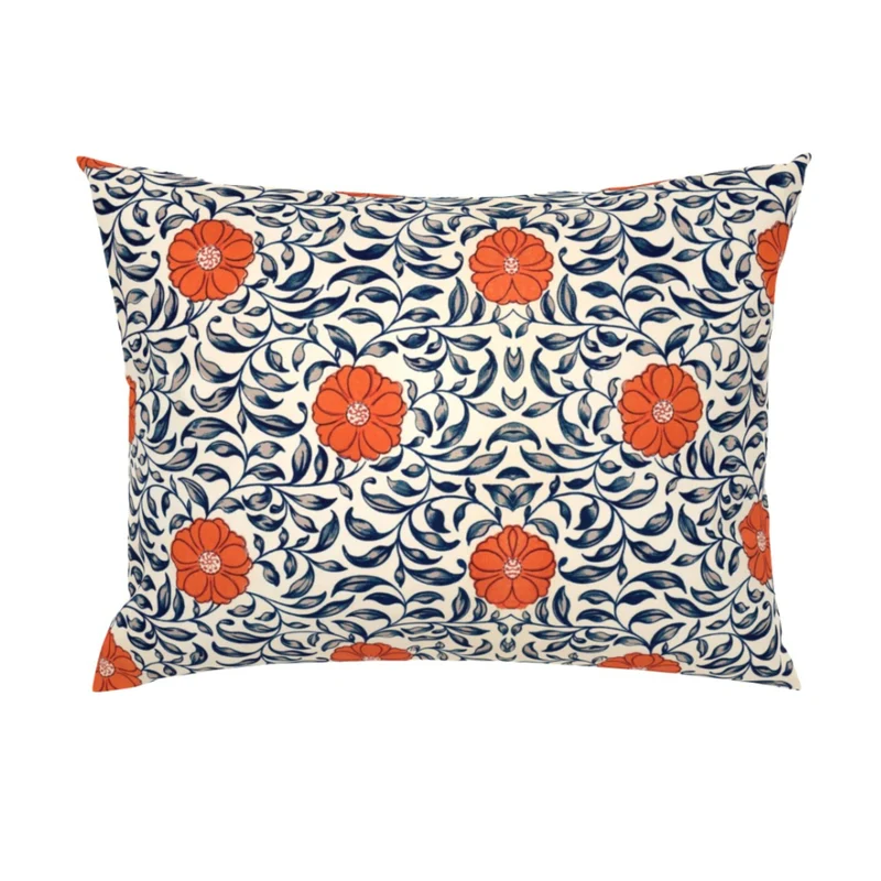 Vintage Orange Blue Flowers Cotton Bedding Set Duvet Cover, Pillow Shams
